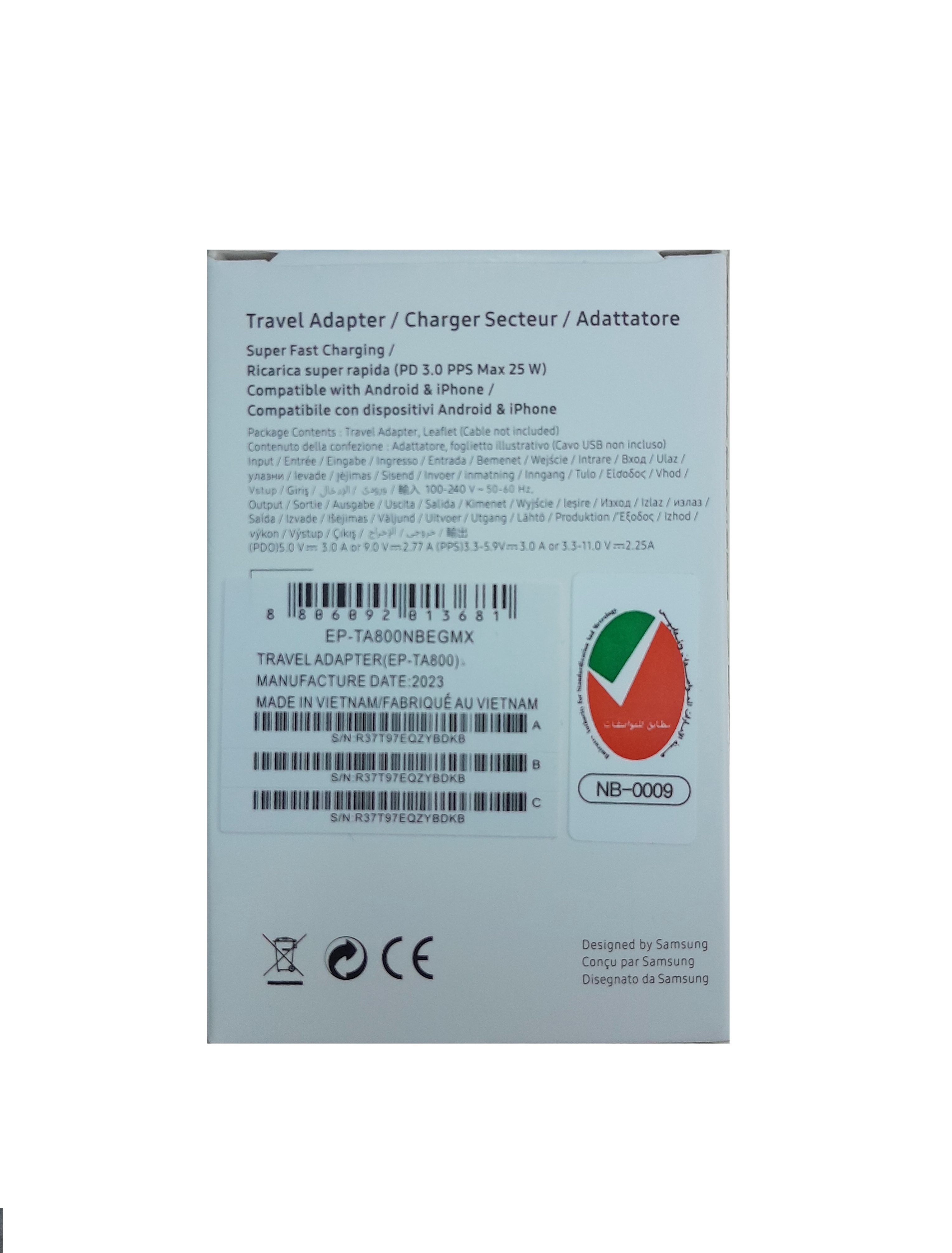 شارژر با کابل سامسونگ 25 وات مدل EP-TA800 اورجینال